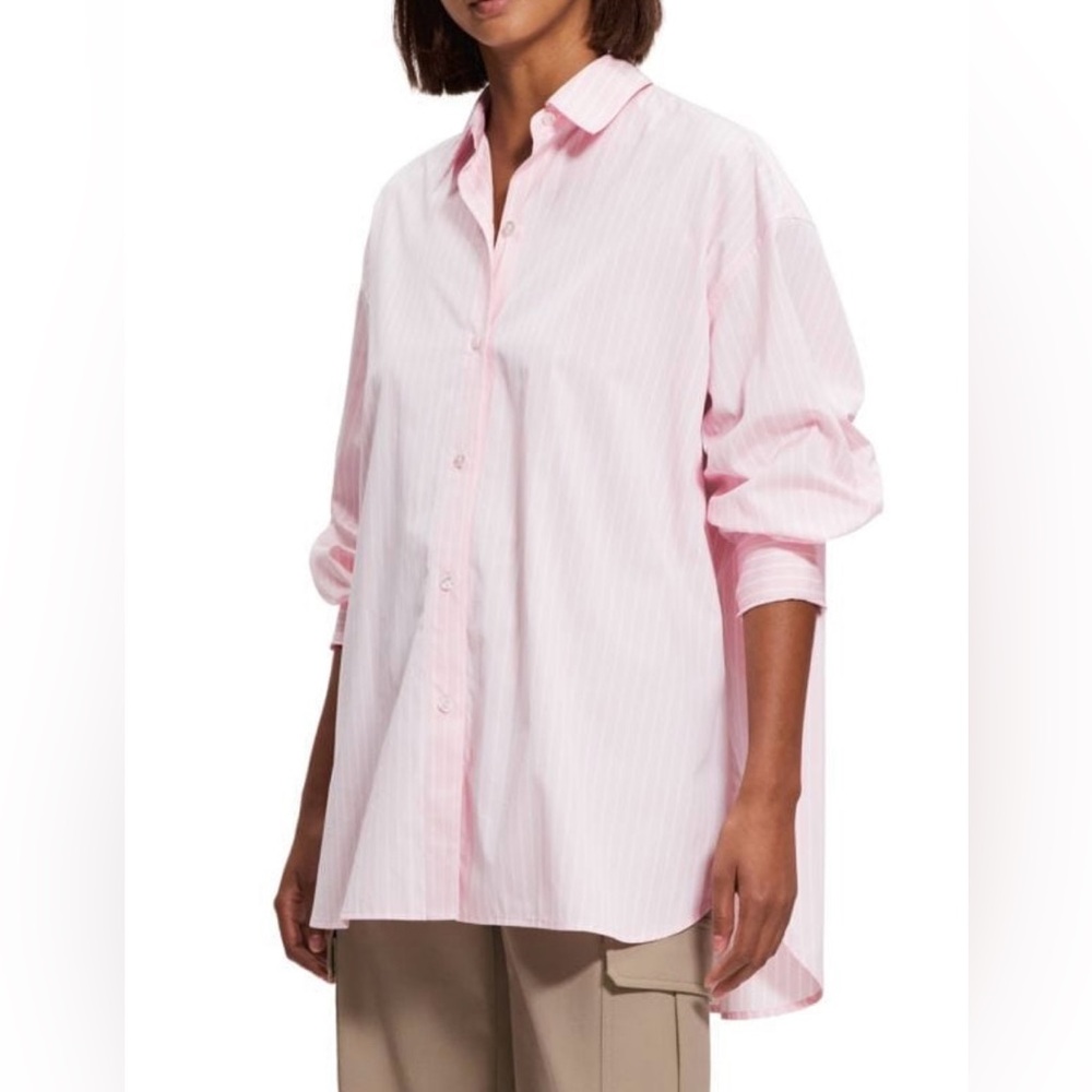 NWT THEORY Pink Multi Downing Bold Oversized Striped Button Down Shirt